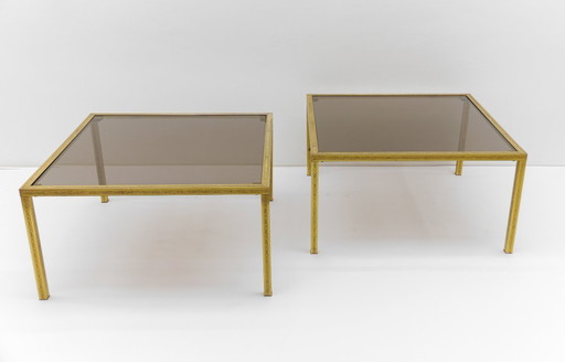 Brass and Smoked Glass Coffee Tables, 1970s, Set of 2