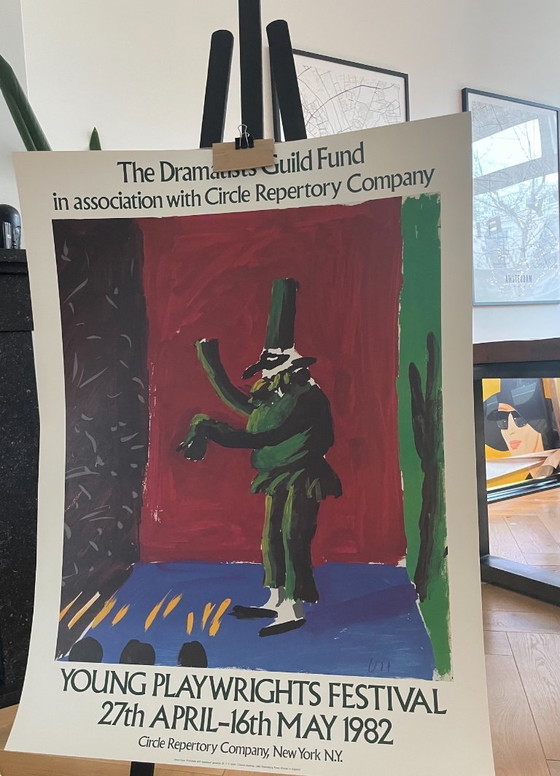 Image 1 of David Hockney (1937–2026), Festival junger Dramatiker, Copyright David Hockney 1980 Petersburg Press, Gedruckt in England