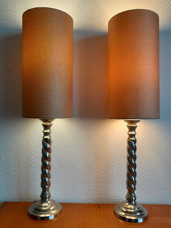 Image 1 of 2x silver metal twisted column lamps