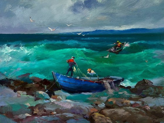 Image 1 of Original Oil Painting Coastal Waves Landscape Fishermen at sea