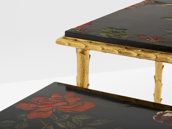 Image 1 of Maison Baguès foliage gilt bronze chinoiserie lacquered side tables 1950s