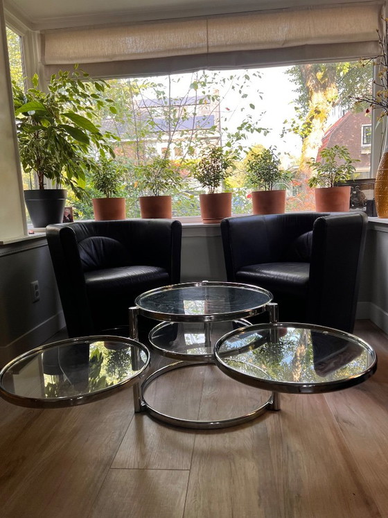 Unique vintage Italian coffee table with chrome frame and four round glass tops. Three outer tops can be (photo 3 of 10)