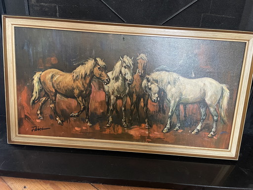 Vintage oliedruk op doek - Heinrich Faust - paarden - jaren ‘60-‘70