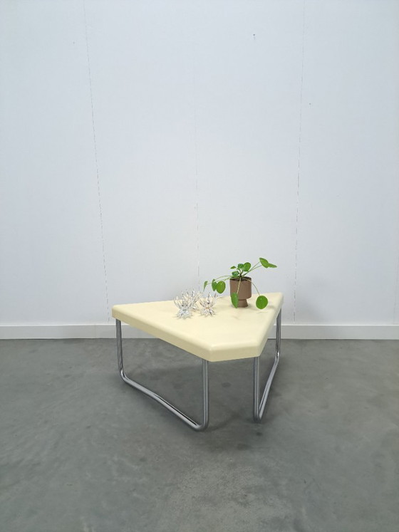 Image 1 of Space age triangular plastic table with chrome tubular frame legs