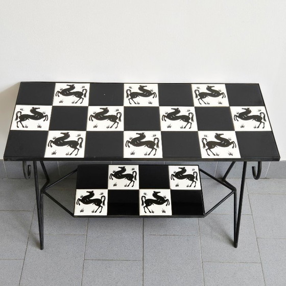 Image 1 of Vintage keramische bijzettafel uit de jaren 50 met paardenmotief, in rockabillystijl uit de jaren 50.