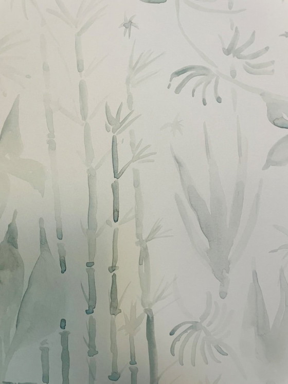 Image 1 of Signed monochrome sage green watercolor "jungle" landscape