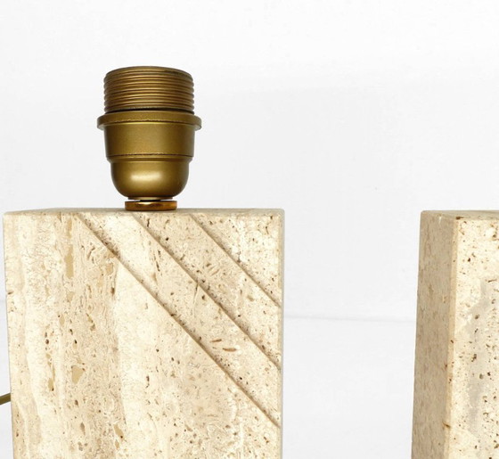 Image 1 of Pair of solid travertine table lamps with incised decoration, French production, circa 1970–1980