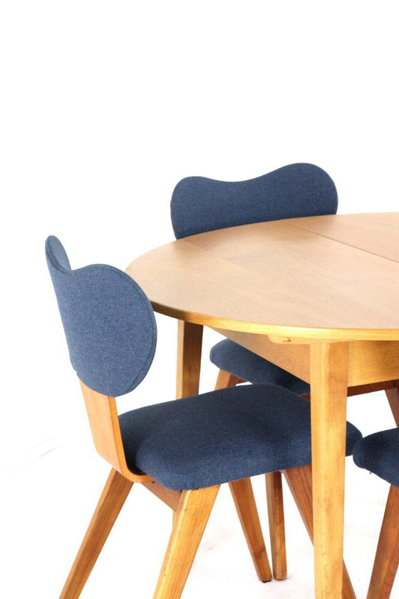 Image 1 of Beech dining set round dining table + 4 vintage dining chairs in the style of Pastoe