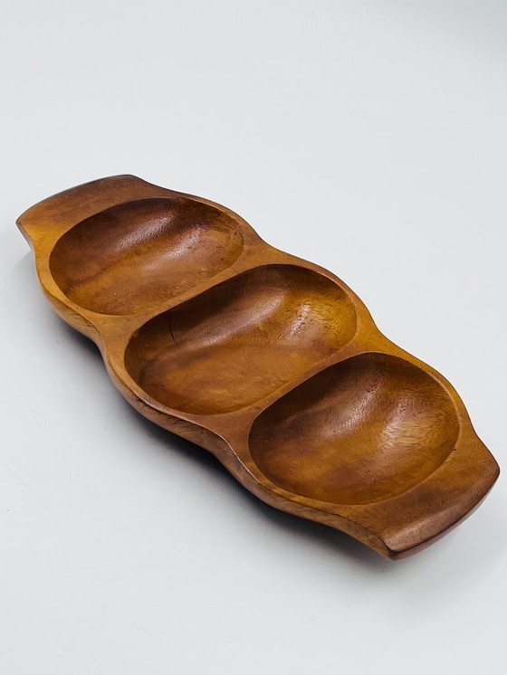 Image 1 of Bandeja compartimentada en madera exótica tallada, Asia, años 70