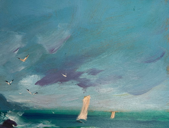 Image 1 of Original Oil Painting Coastal Sea Landscape Seagulls flying over the sea