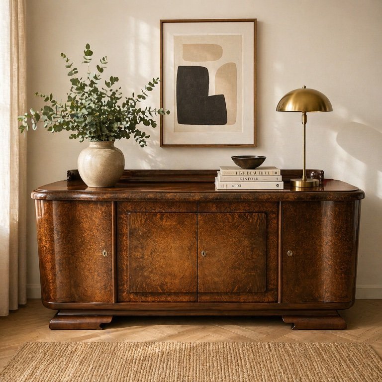 Art Deco Sideboard Nussbaum 1930 mit Marmor Servierplatte – Vintage Bar Cabinet, Burl Walnut Credenza, Luxury Statement Piece