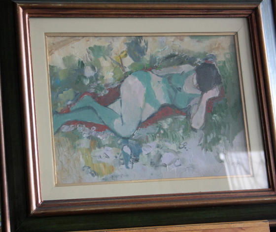 Image 1 of Peinture à l'huile sur toile, "Femme couchée", par Savino Labò, signée