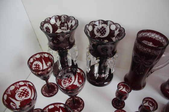 Image 1 of Antique Set of 36 pieces of Artistic cut Ruby red glass, Egermann, 1950's. 