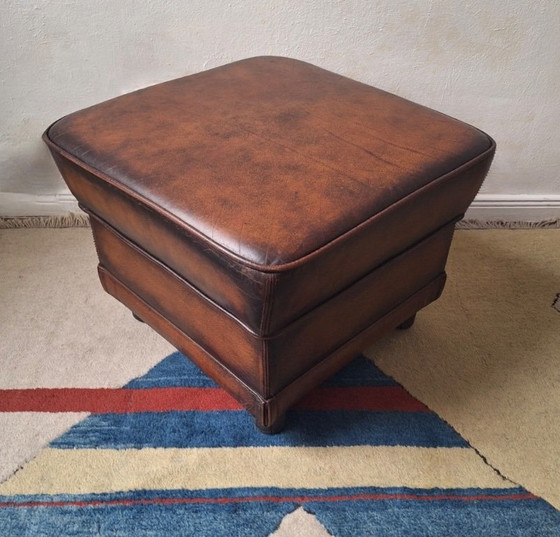 Pouf/ottoman vintage en cuir marron châtaigne – Poufs & repose-pieds, Leather (photo 5 of 11)