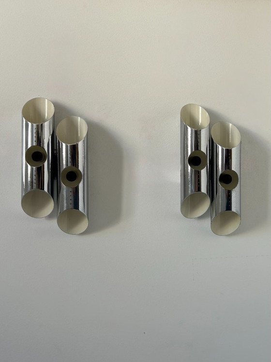 Image 1 of Een paar dubbele wandlampen, verchroomd metaal, Frankrijk, 1960