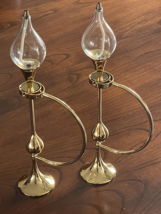 Lampade a olio in ottone di Freddie Andersen, Germania, 1970, con peso a perlina. Set di 2 candele "Clear Drops".