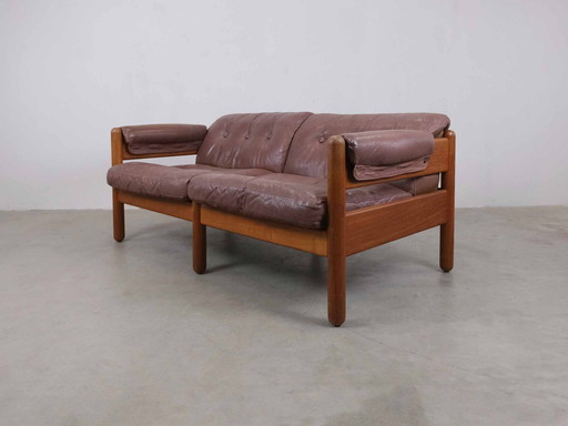 Vintage 2-seater sofa teak leather Midcentury