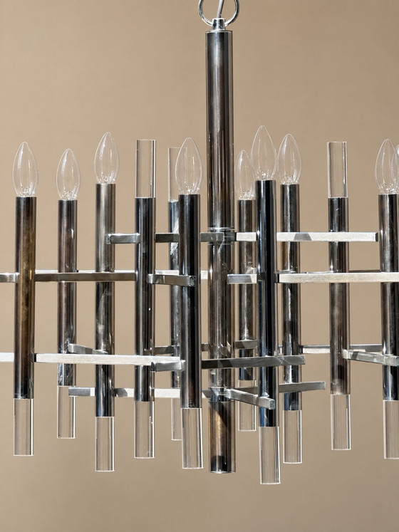 Image 1 of Lustre Gaetano Sciolari en chrome et lucite, style Mid-Century, Italie, vers 1970 — Étiquette d'origine
