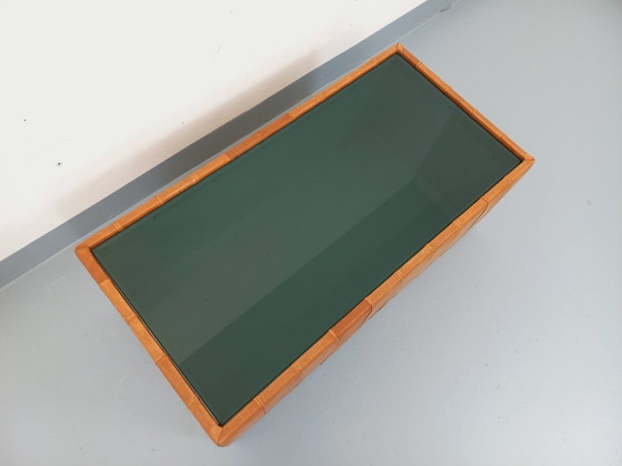 Image 1 of Vintage Swiss rectangular coffee table by De Sede in smoked glass and leather from the 1970s