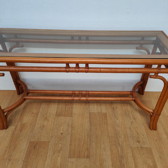 Image 1 of Vintage Rattan Side Table with Glass Top