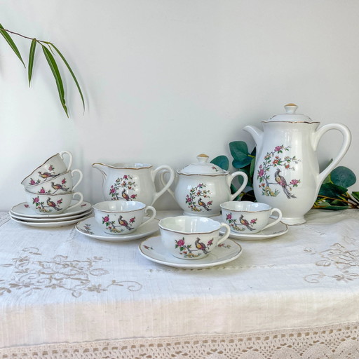 Juego de Té Vintage Digoin Sarreguemines – Modelo Corde – Motivo Pájaro del Paraíso