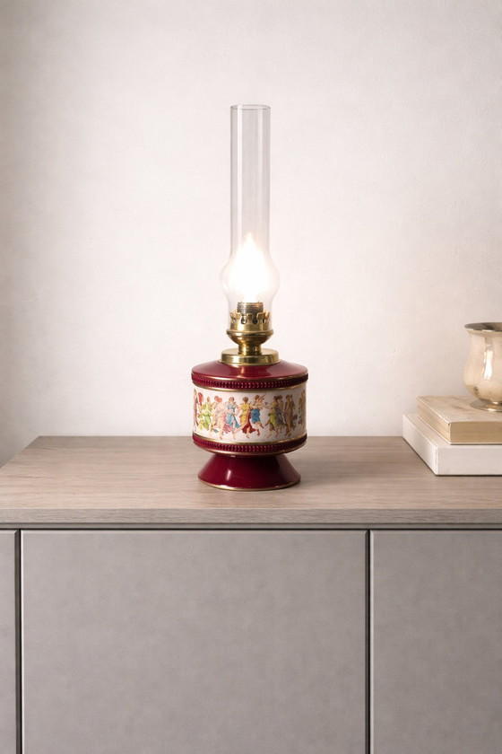 Image 1 of Florentine porcelain lamp in burgundy and gold, signed and numbered, Italy, restored.