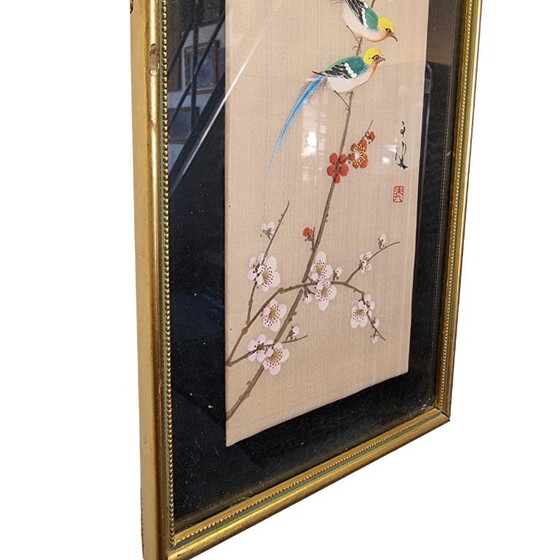 Image 1 of Vintage Chinese painting on silk with 2 birds