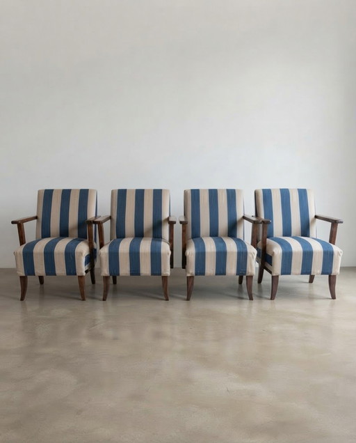 Vintage Hongaarse loungestoelen in blauw en crème gestreepte stof met houten frames, jaren 50, set van 4