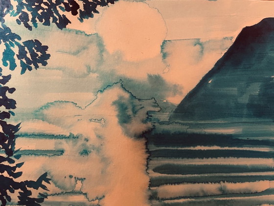 Image 1 of Monochroom blauwe aquarel "zonsondergang boven het meer"