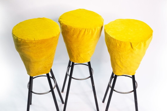 Image 1 of Vintage stool with chrome frame & mustard yellow velvet cover (upcycling)