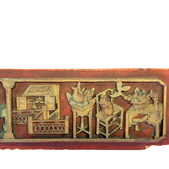 Panneau de relief chinois ancien doré avec érudits et symbolisme de bon augure – Fin Qing, 19e siècle (photo 4 of 4)