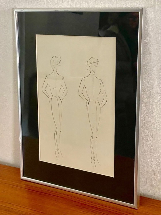 Image 1 of Schizzi a matita vintage, firmati e incorniciati, di Berthe Duquaine, del 1951.