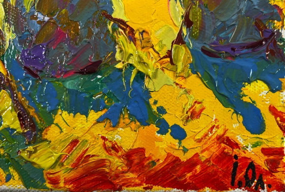 Image 1 of Original Oil Painting Colorful Nature Landscape Summer sunset sun in the field