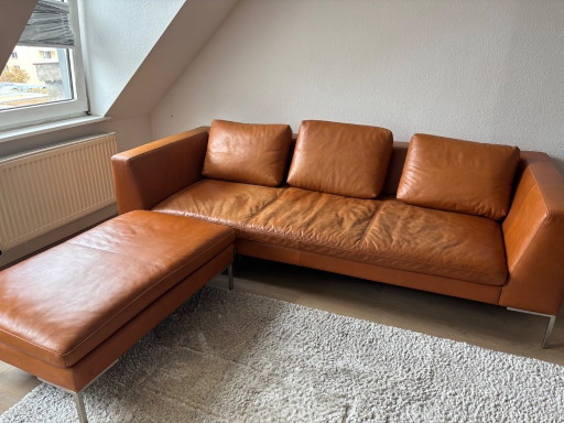 Habitat real leather sofa Montino in cognac with bench – banken, Metal