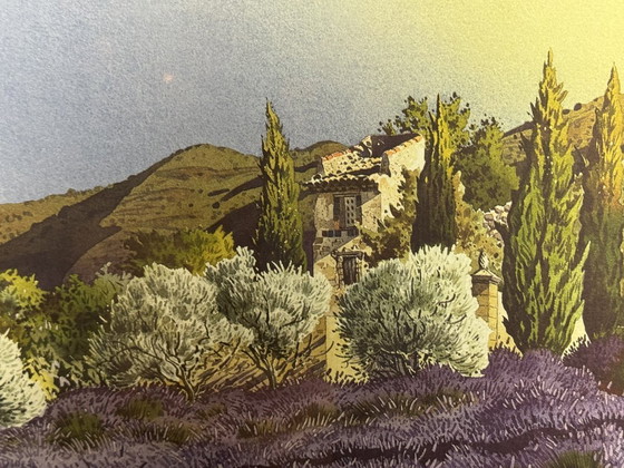 Image 1 of 'Campi di lavanda in Provenza' di D. Broussie, serigrafia, Francia, fine del XX secolo
