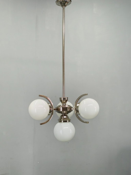 Lampadario Art Déco in nichel e vetro, anni '30