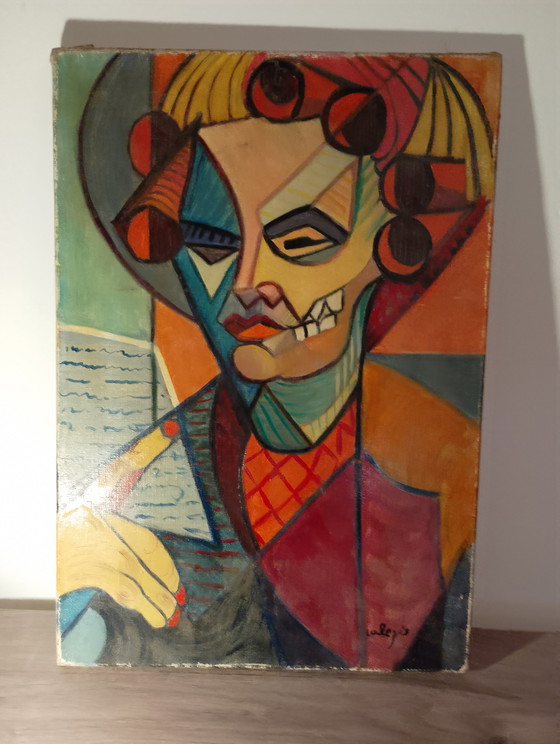 Image 1 of Neo-Cubist oil portrait on canvas, signed Calezis, Provençal school, Aubagne, Marseille, France, 1970