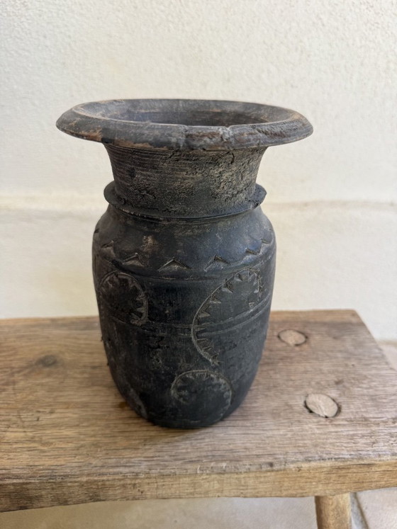 Image 1 of Set of 3 Nepalese Indian pots, carved black wood, tribal & wabi-sabi style