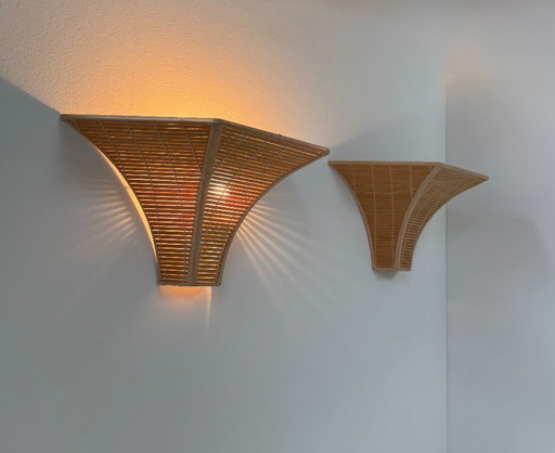 Coppia di applique da parete vintage, listelli di legno, Francia, 1980