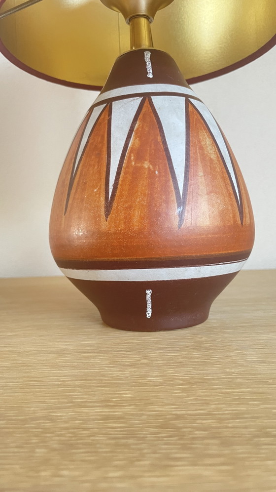 Image 1 of Vintage Handmade Table Lamp (38cm) – Geometric West Germany Base with Rust Brown Silk Shade