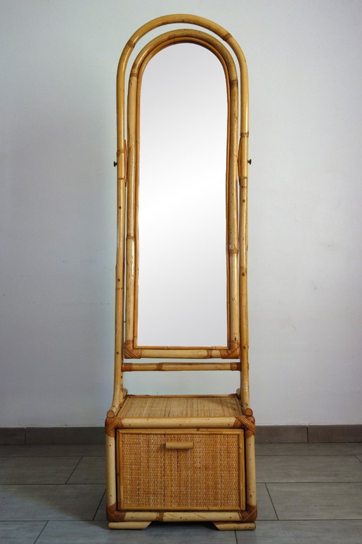 Staande spiegel van riet en bamboe, jaren 70/80 – Rattan, Wicker