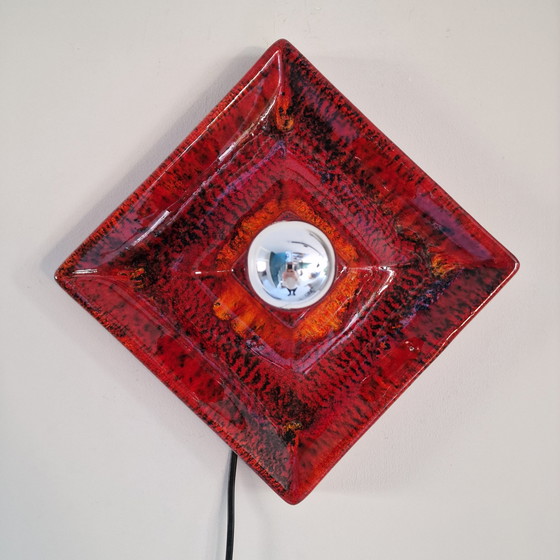 Image 1 of Vintage Square Red Wall Lamp: Ceramic Wall Lamp with Orange/Red Glaze, Germany 1970s - Hustadt Leuchten