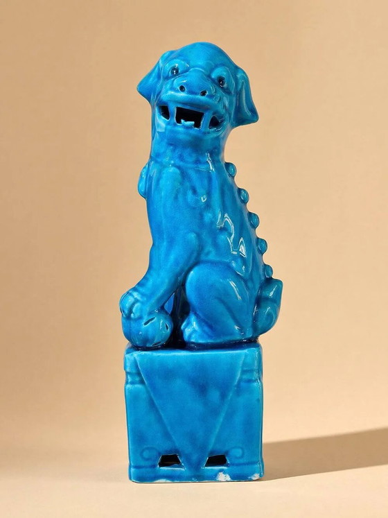 Pair of blue Fô dogs - glazed ceramic - Chinese blue - mid 20th century, Decorative Objects, Porcelain (photo 2 of 9)