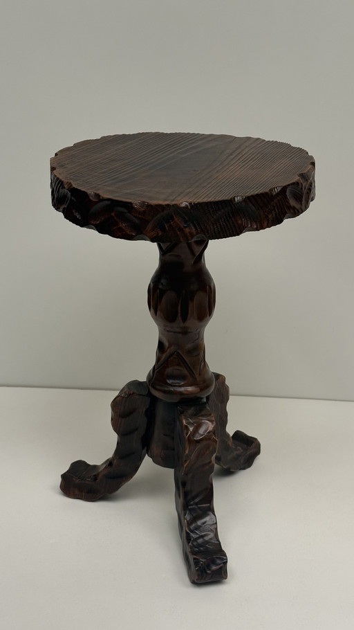 Vintage wooden hand-carved Spanish design side table Brutalist