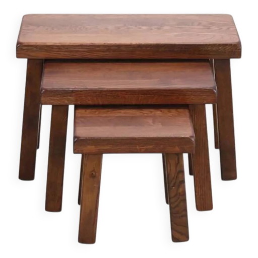 Set aus drei brutalistischen Eichenholz-Beistelltischen aus den 1970er Jahren – bijzettafels, Wood