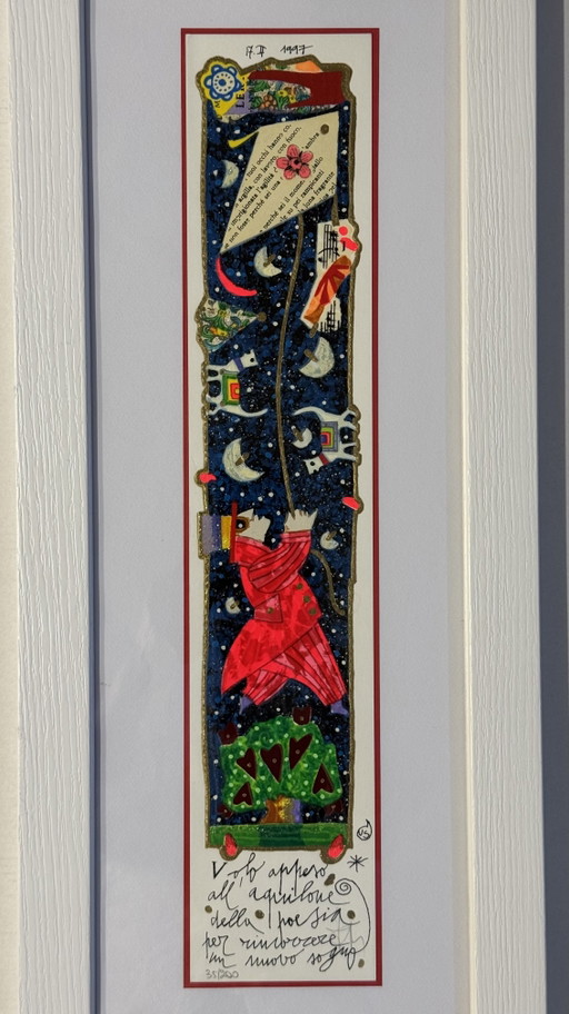 Francesco Musante, Siebdruck, 10 x 50 cm, Drachensteigen im Rahmen – lithos zeefdrukken, Paper, Wood (photo 2 of 5)