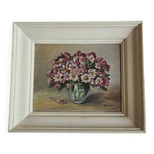 Tableau vintage bouquet de fleurs signé Girardot – kunst, Wood, Canvas