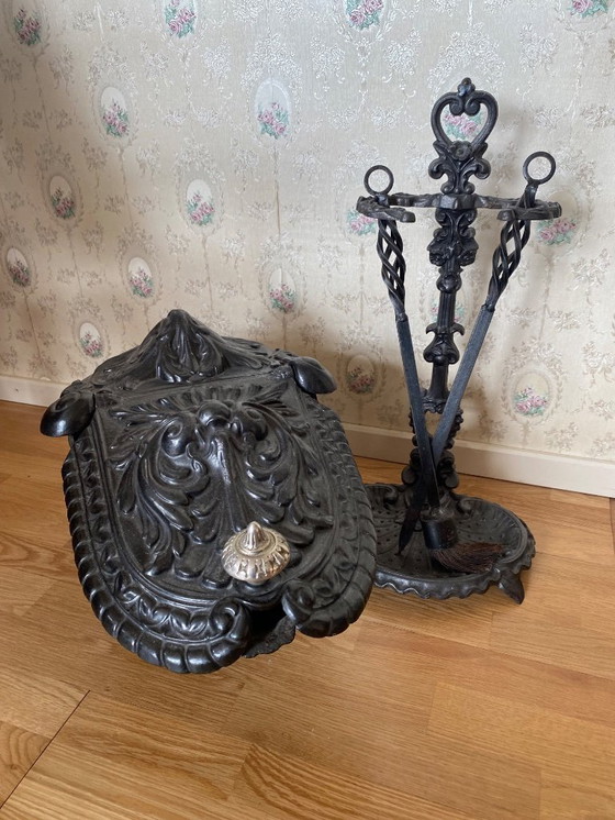 Image 1 of Antique cast iron stove with hearth set and bellows