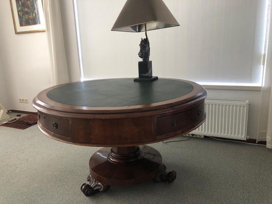 Image 1 of Antique drum table with green leather top