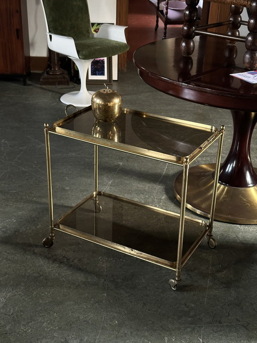 French Brass Bar Cart with Smoked Glass, 1960s